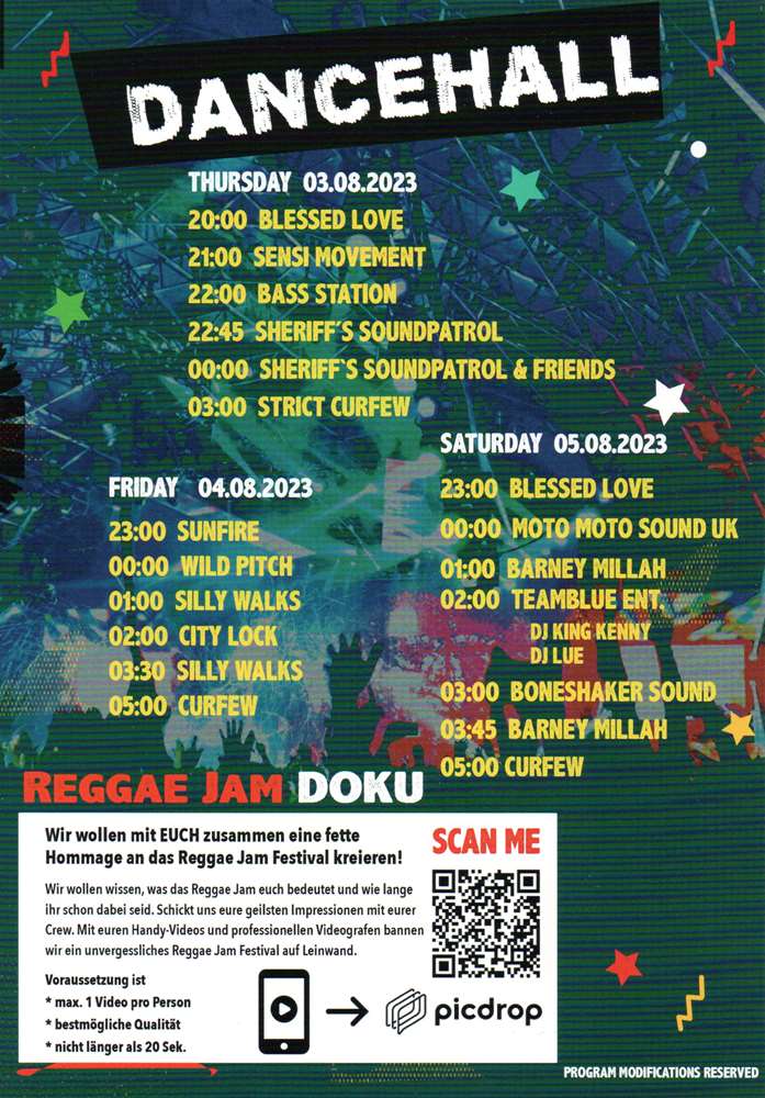 Reggae Jam 2023 - Dancehall Tent - Running Order