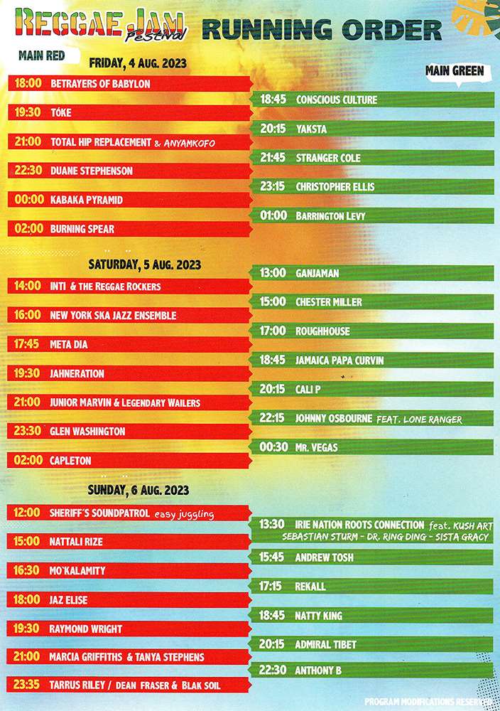 Reggae Jam - Running Order 2023