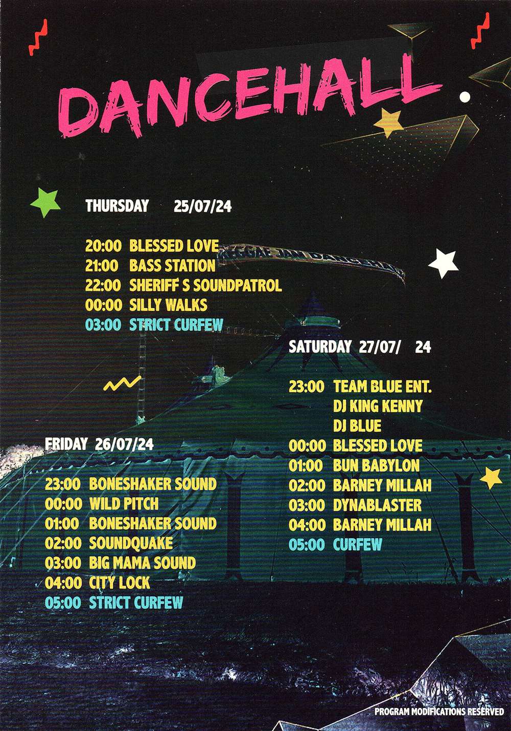 Reggae Jam 2024 - Dancehall Tent - Running Order